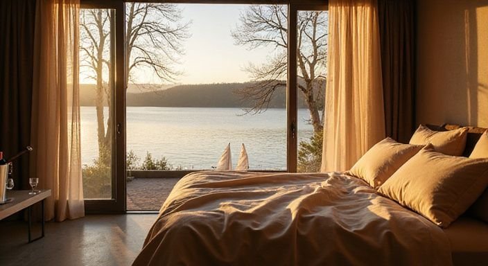 Luxuriöses Hotelzimmer mit Blick auf den Bielersee und eleganten Details. Luxuriöses Hotelzimmer mit Blick auf den Bielersee und eleganten Details.