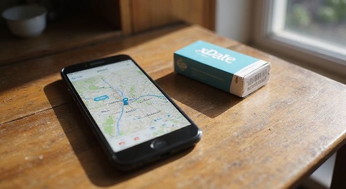 Ein Smartphone mit einer Dating-App und Kondomverpackung auf einem Tisch. Ein Smartphone mit einer Dating-App für Sexkontakt in Biel und Kondomverpackung auf einem Tisch.
