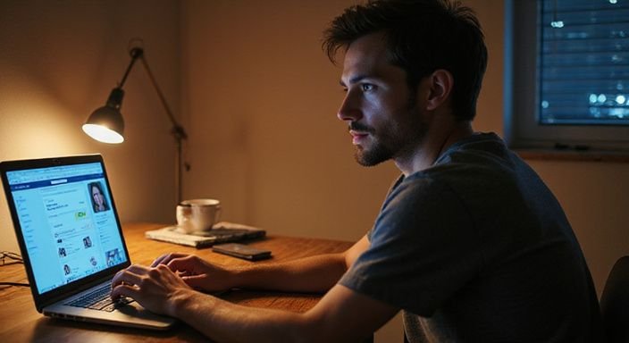 Ein Mann betrachtet konzentriert eine Dating-App auf seinem Laptop. Ein Mann betrachtet konzentriert eine Dating-App für Sexkontakt in Biel auf seinem Laptop.