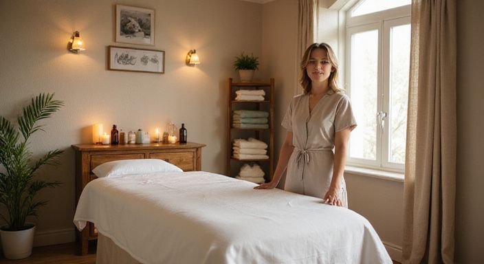 Eine entspannende Massagepraxis mit professioneller Ausstattung und natürlichen Elementen. Eine entspannende Massagepraxis mit professioneller Ausstattung und natürlichen Elementen.