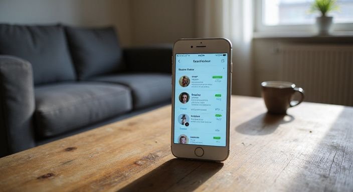 Nahaufnahme eines Smartphones auf einem Holzschreibtisch mit Buchungs-App. Nahaufnahme eines Smartphones auf einem Holzschreibtisch mit Buchungs-App.