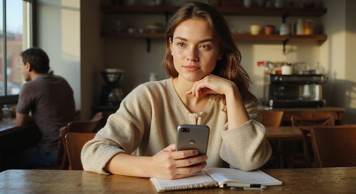 Eine nachdenkliche Frau betrachtet eine Dating App in einem Café