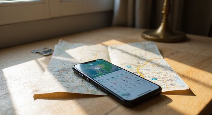 Ein Smartphone mit Kalender und Stadtplan auf einem Holztisch. Ein Smartphone mit Kalender und Stadtplan auf einem Holztisch.
