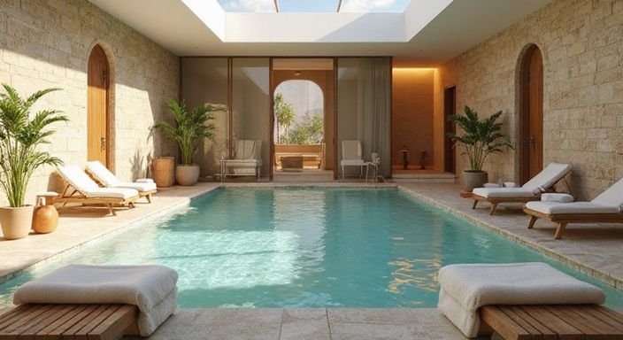 Ein luxuriöser Hotelspa mit einem eleganten Innenpool und stilvollen Akzenten. Ein luxuriöser Hotelspa mit einem eleganten Innenpool und stilvollen Akzenten.