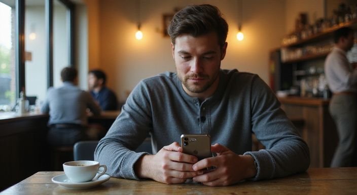 Eine Person in einem Café betrachtet eine Dating-App auf ihrem iPhone. Eine Person in einem Café betrachtet eine Dating-App für Sexkontakt in Lausanne auf ihrem iPhone.