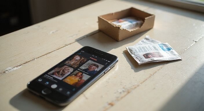 Ein Smartphone mit Dating-App und STI-Testmaterialien auf einem Schreibtisch. Ein Smartphone mit Dating-App und STI-Testmaterialien auf einem Schreibtisch.