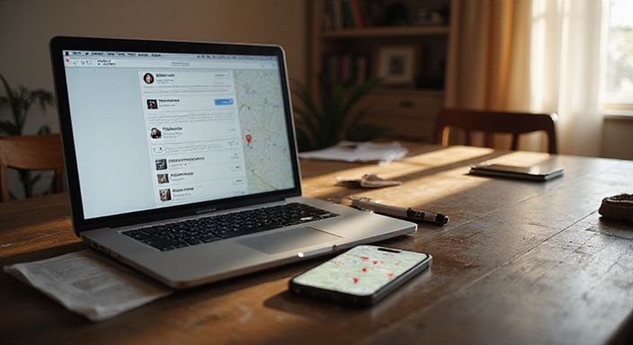 Ein chaotischer Arbeitsplatz mit Laptop und Smartphone zum Daten. Ein chaotischer Arbeitsplatz mit Laptop und Smartphone zum Daten für Sexkontakt in Lausanne.