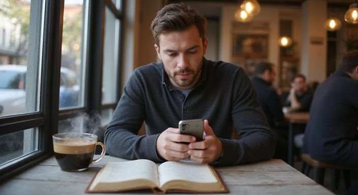 Ein konzentrierter Mann nutzt eine Dating-App in einem Café. Ein konzentrierter Mann nutzt eine Dating-App für Sexkontakt in Lausanne in einem Café.