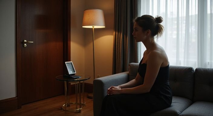 Eine Frau in einem eleganten Abendkleid sitzt nachdenklich auf einem Sofa. Eine Frau in einem eleganten Abendkleid sitzt nachdenklich auf einem Sofa.