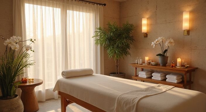 Ein eleganter Spa-Behandlungsraum mit natürlichen Materialien und beruhigender Atmosphäre. Ein eleganter Spa-Behandlungsraum mit natürlichen Materialien und beruhigender Atmosphäre.