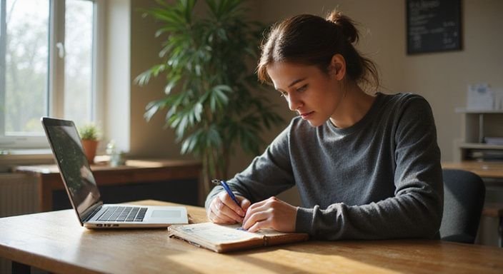 Eine konzentrierte Frau arbeitet an ihrem Schreibtisch mit Laptop und Tablet. Eine konzentrierte Frau arbeitet an ihrem Schreibtisch mit Laptop und Tablet.