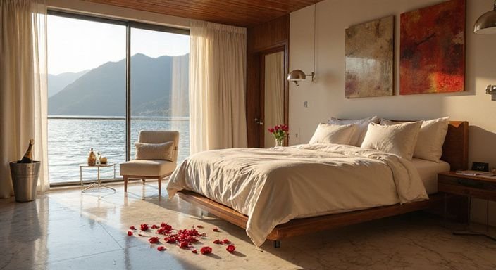 Elegantes Hotelzimmer mit luxuriösem Design und hochwertigen Materialien. Elegantes Hotelzimmer mit luxuriösem Design und hochwertigen Materialien.