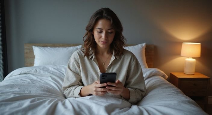 Eine Frau sitzt konzentriert auf einem Bett und betrachtet ihr Smartphone. Eine Frau sitzt konzentriert auf einem Bett und betrachtet ihr Smartphone.