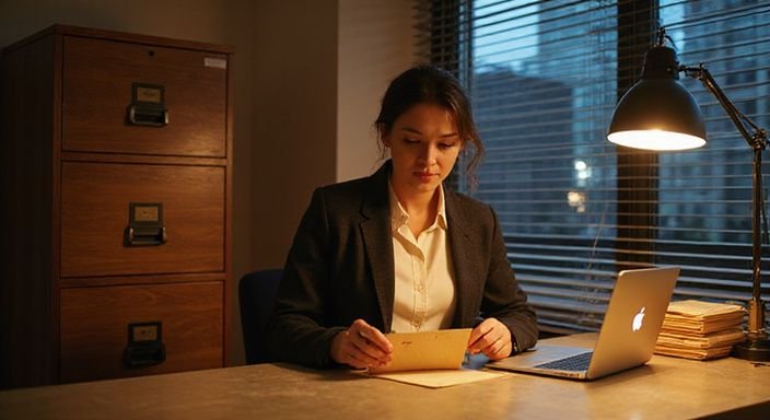 Eine Frau sitzt nachdenklich an einem Schreibtisch mit Umschlag. Eine Frau sitzt nachdenklich an einem Schreibtisch mit Umschlag.