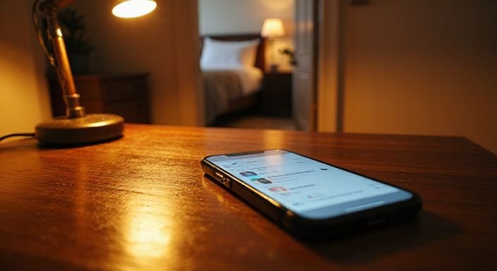 Ein Smartphone liegt auf einem dunklen Walnussholztisch. Ein Smartphone liegt auf einem dunklen Walnussholztisch.