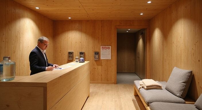 Moderne Sauna mit aufmerksamen Empfang und stilvollem Ambiente. Moderne Sauna mit aufmerksamen Empfang und stilvollem Ambiente.
