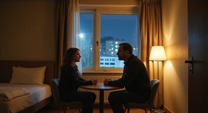 Ein angespanntes Gespräch zwischen einem Mann und einer Frau in einem Hotelzimmer. Ein angespanntes Gespräch über Sextreffen in Vorarlberg zwischen einem Mann und einer Frau in einem Hotelzimmer.