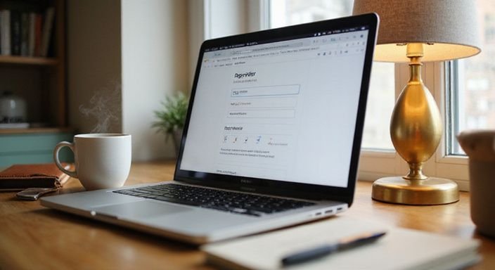 Ein minimalistischer Arbeitsplatz mit MacBook, Kaffee und Schreibutensilien. Ein minimalistischer Arbeitsplatz mit MacBook, Kaffee und Schreibutensilien.