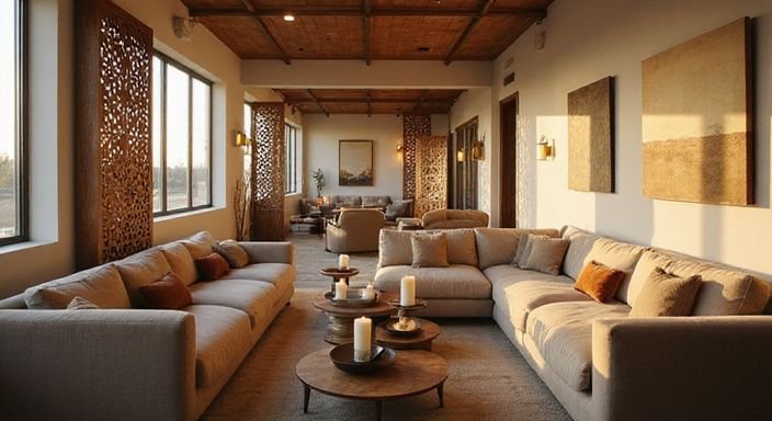 Zeitgenössisches Wohnzimmer mit eleganten Möbeln und Kunstwerken. Zeitgenössisches Wohnzimmer mit eleganten Möbeln und Kunstwerken.