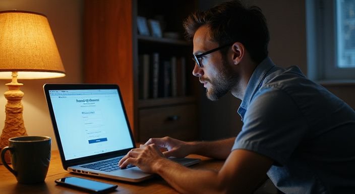 Ein Mann sitzt konzentriert an einem Schreibtisch und registriert sich für ein Dating-Profil. Ein Mann sitzt konzentriert an einem Schreibtisch und registriert sich für ein Dating-Profil für Swingers Sexkontakte.