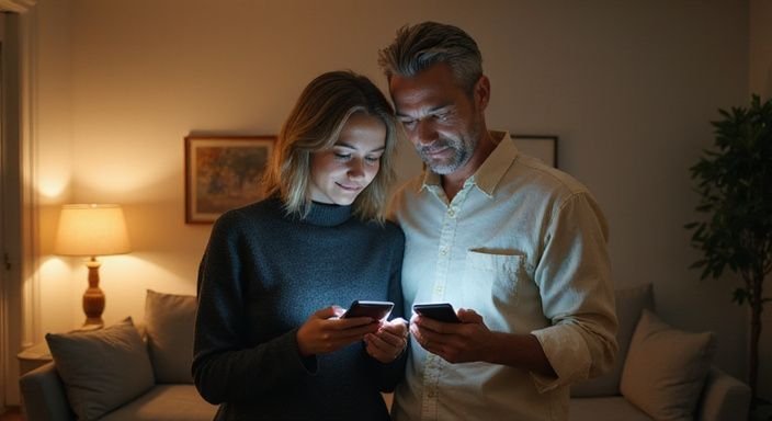 Ein mittleres Paar entspannt und zeigt natürliche Zuneigung in einem modernen Wohnzimmer. Ein mittleres Paar entspannt und zeigt natürliche Zuneigung in einem modernen Wohnzimmer.