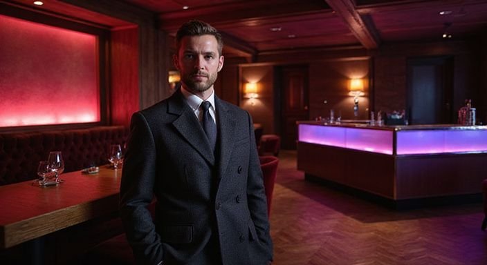 Ein entspannter Mann in eleganter Kleidung steht in einem Nachtclub. Ein entspannter Mann in eleganter Kleidung steht in einem Nachtclub.