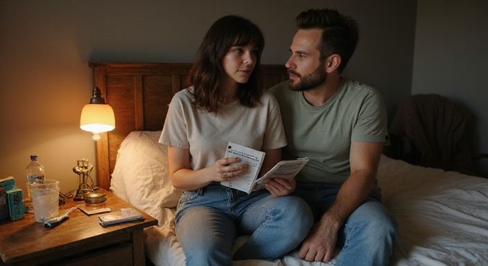 Ein Paar diskutiert ernsthaft über Kommunikation und Zustimmung im Schlafzimmer. Ein Paar diskutiert ernsthaft über Kommunikation und Zustimmung im Schlafzimmer.