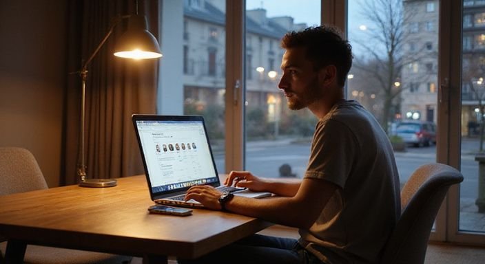 Eine Person arbeitet konzentriert an einem Laptop in einer modernen Wohnung. Eine Person arbeitet konzentriert an einem Laptop in einer modernen Wohnung.