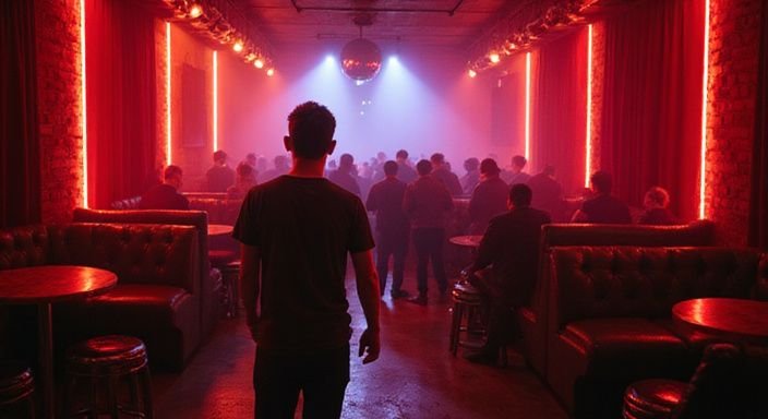 Ein schlanker Mann in einem geschäftigen Nachtclub in Hamburg. Ein schlanker Mann in einem geschäftigen Nachtclub in Hamburg.