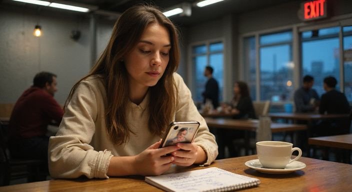 Eine Frau sitzt allein in einem Café und sieht auf ihr Smartphone. Eine Frau sitzt allein in einem Café und suche Sexkontakt in Hamburg