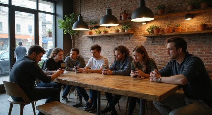 Eine Gruppe junger Menschen in einem urbanen Café beim Plaudern. Eine Gruppe junger Menschen in einem urbanen Café beim Plaudern.