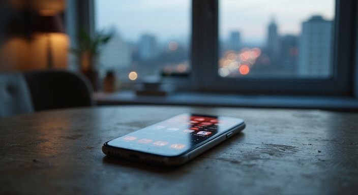 Ein Smartphone liegt auf einem alten Holztisch mit städtischem Hintergrund. Ein Smartphone liegt auf einem alten Holztisch mit städtischem Hintergrund.