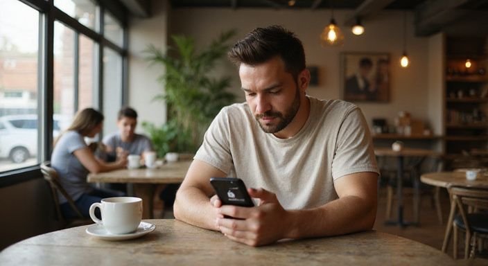 Eine Person betrachtet nachdenklich ein Dating-App-Profil in einem Café. Eine Person betrachtet nachdenklich ein Dating-App-Profil in einem Café.