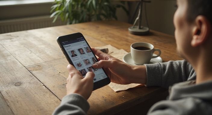 Eine Person mit feinen Linien betrachtet ein Dating-App-Profil auf ihrem Smartphone. Eine Person mit feinen Linien betrachtet ein Dating-App-Profil für Sexkontakt in Saarland