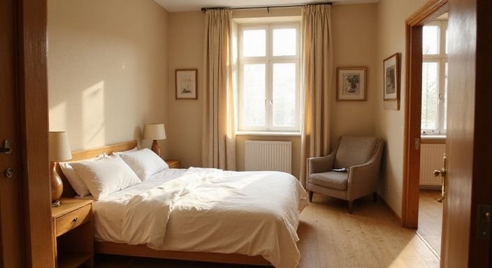 Candidaufnahme eines gemütlichen Gästezimmers in einer Wohnung. Candidaufnahme eines gemütlichen Gästezimmers in einer Wohnung.