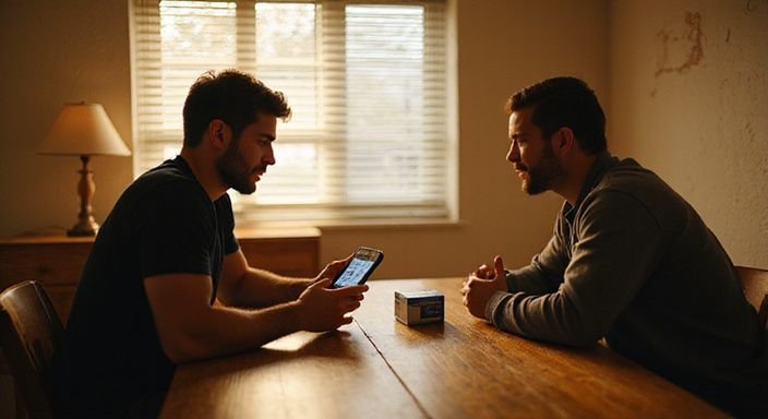 Zwei Erwachsene führen ein Gespräch über eine Dating-App. Zwei Erwachsene führen ein Gespräch über eine Dating-App für Sexkontakt in Saarland.