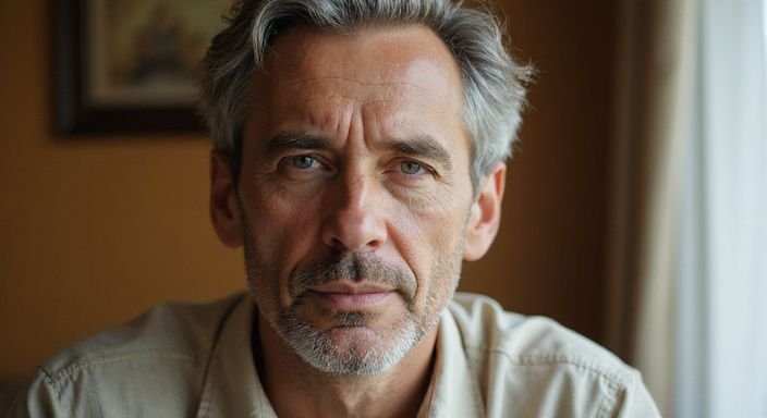 Ein nachdenklicher Mann mit Grauhaar und feinen Gesichtszeichnungen. Ein nachdenklicher Mann mit Grauhaar und feinen Gesichtszeichnungen.