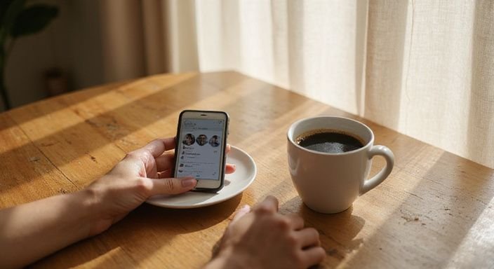 Ein Smartphone liegt neben einer Tasse Kaffee auf einem Holztisch. Sexkontakt in Sachsen finden