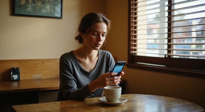 Eine konzentrierte Frau betrachtet eine Dating-App in einem Café. Eine konzentrierte Frau betrachtet eine Dating-App für Sexkontakt in Sachsen in einem Café.