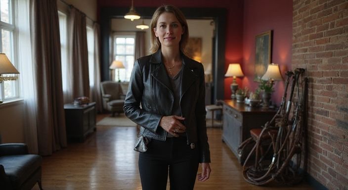 Eine Frau in lässiger Kleidung steht in einem professionellen Studio. Eine Frau in lässiger Kleidung steht in einem professionellen Studio.
