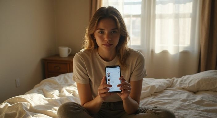 Eine Frau in einem ungemachten Bett betrachtet ihr Smartphone. Eine Frau in einem ungemachten Bett betrachtet ihr Smartphone.