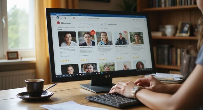 Heimisches Büro mit Monitor, Dokumenten und Kaffeetasse auf Holzschreibtisch. Sexkontakt in Sachsen suchen
