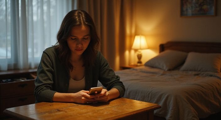 Eine konzentrierte Frau schaut auf ihr Smartphone an einem Holztisch. Eine konzentrierte Frau schaut auf ihr Smartphone an einem Holztisch.