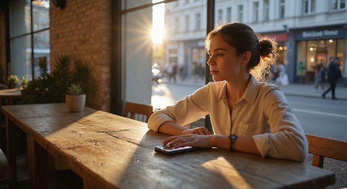 Junge Frau sitzt nachdenklich an einem Tisch mit Smartphone. Junge Frau sitzt nachdenklich an einem Tisch mit Smartphone.